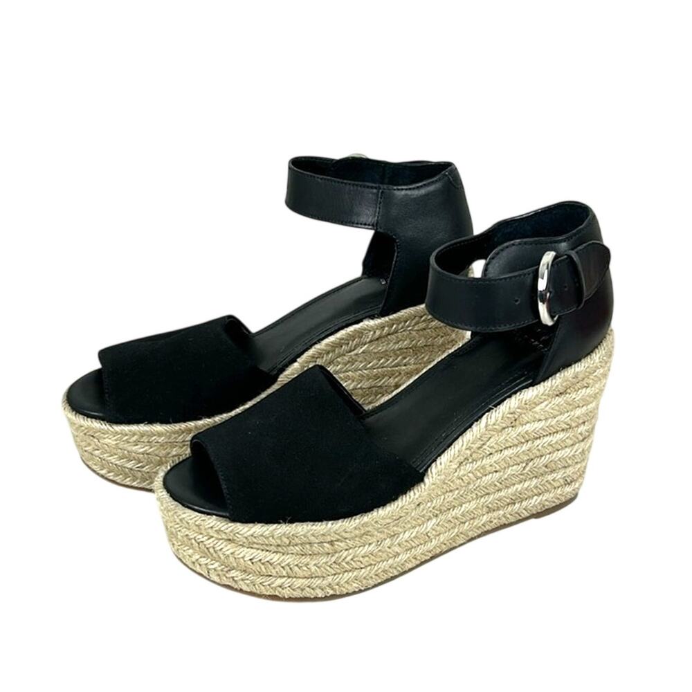 Marc Fisher Womens 9 Black Leather Buckle Platform Espadrille Sandals NEW